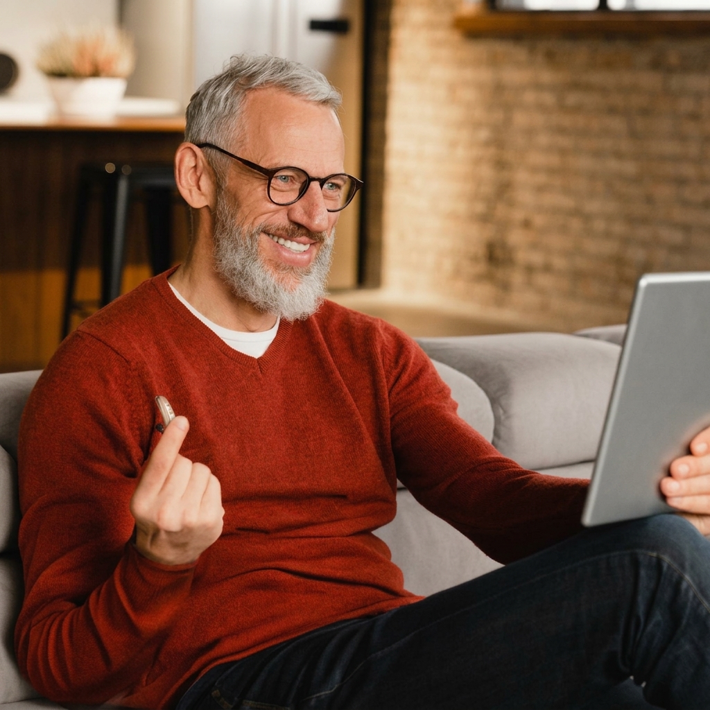 Pessoa a fazer um teste auditivo online em casa